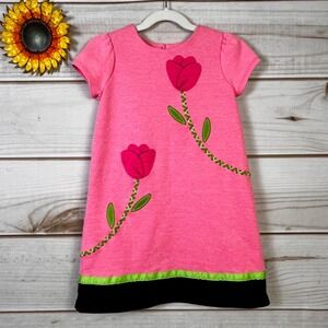 Hartstrings Kids Pink Tulip‎ Floral Applique Knit Dress 5 Short Slv Spring
